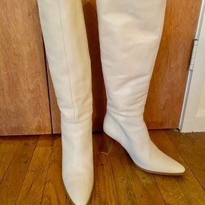Tall pull-on cream boots with brown heel
